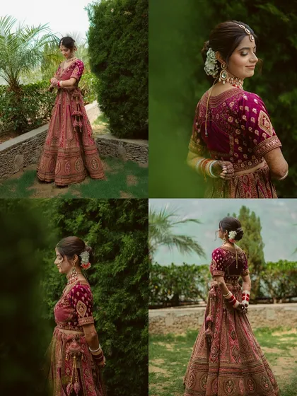 A four-part collage showcasing the bride's stunning maroon lehenga from all angles, highlighting the intricate details of her outfit.