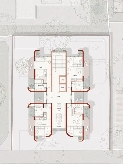 The floor plan for the compact apartments at "The Nest" showcases our modular design approach. The layout is efficient and can be iterated, while the curved fins create private balconies and frame views of the internal courtyards.