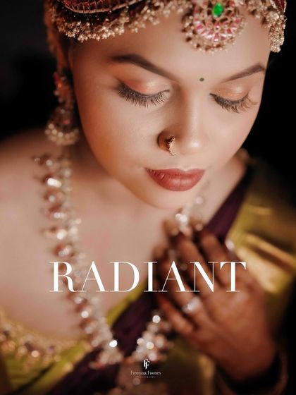A close-up portrait titled "Radiant," focusing on the bride's beautiful jewelry and serene expression.