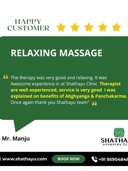 Mr. Manju shares his experience with my relaxing massage therapy. He highlights the skill of the therapists and the educational approach, where the benefits of Abhyanga and Panchakarma were clearly explained.