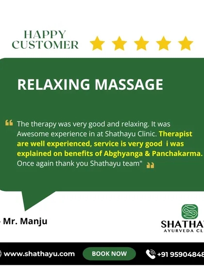 Mr. Manju shares his experience with my relaxing massage therapy. He highlights the skill of the therapists and the educational approach, where the benefits of Abhyanga and Panchakarma were clearly explained.
