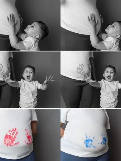 A fun and creative collage telling a story. This shows the big brother's journey from talking to the bump to revealing the gender with colorful handprints.