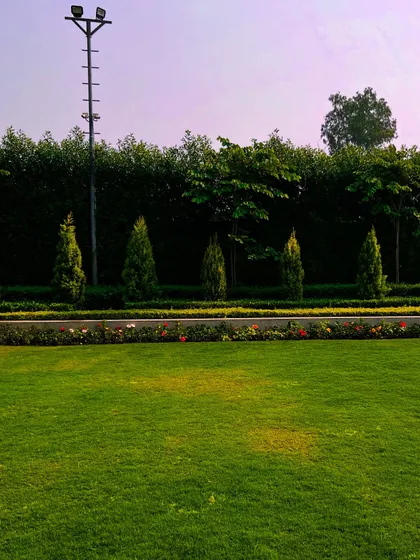 A formal, manicured lawn bordered by a multi-layered hedge, creating a classic and grand landscape aesthetic.
