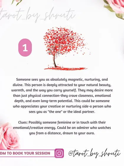 Who is secretly desiring you? This reading uncovers the identity of a hidden admirer, whether it's someone from your past, a person in your current circle, or a mysterious online connection.