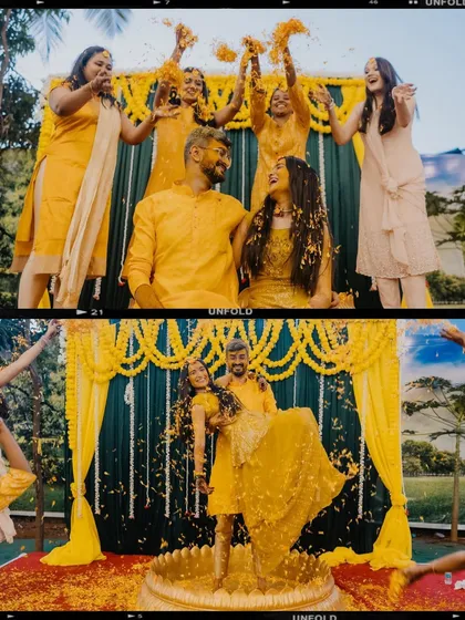 A film-strip style collage showing the pure, unadulterated fun of a Haldi. Friends showering the couple with flower petals creates a picture-perfect moment of celebration.