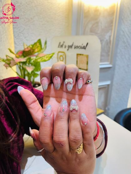 Another angle of our popular sheer glitter and 3D bow design, showing the intricate details and beautiful sparkle.