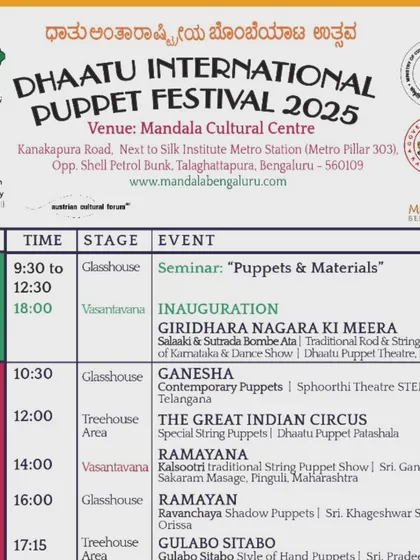 The schedule for the Dhaatu International Puppet Festival 2025, a three-day celebration of puppetry at the Mandala Cultural Centre.