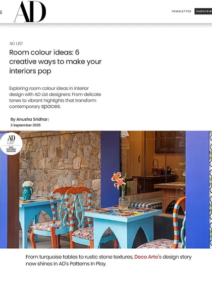 We are proud to see our design story for Café Noosh-e-Joon featured in AD's "Patterns in Play." The article highlights how the turquoise tables and rustic stone textures come together to create a vibrant, contemporary space.
