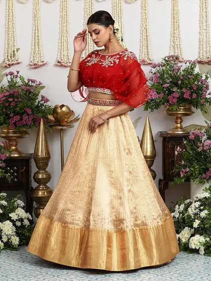 A different take on the cape blouse, paired with a beige gold pleated silk lehenga for a lighter, more contemporary festive look.
