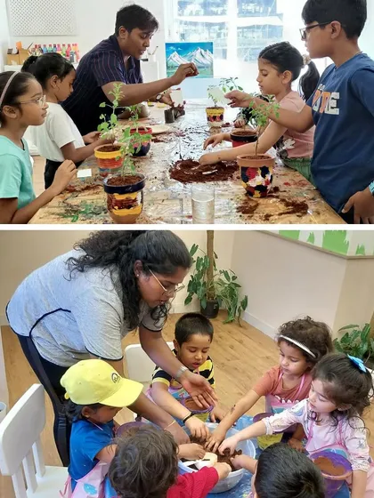Another group shot from our gardening workshop, capturing the collaborative and messy fun of the day.