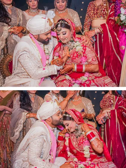 The ring ceremony and a sweet kiss on the forehead, capturing two key moments of commitment and affection.