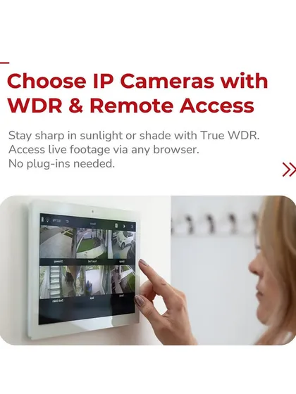 A user interacts with a wall-mounted tablet displaying multiple camera feeds. Our systems provide remote access to live footage via any browser, with True WDR technology ensuring the video stays sharp in both bright sunlight and deep shade.