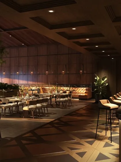 The interior of The Foresta's main restaurant was designed to be an experience of opulent luxury. I used rich wood textures, a dramatic coffered ceiling, and warm ambient lighting to create an atmosphere that is both refined and deeply inviting for an unforgettable dining experience.
