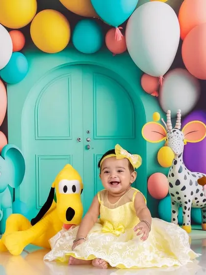 An 8-month-old baby girl's sitter session, featuring a bright and colorful setup with cartoon animal props and balloons.