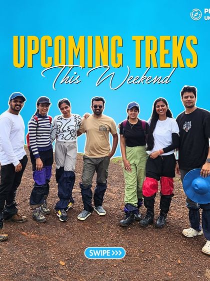 A group of friends on a trail, ready for their weekend adventure. Swipe to see our upcoming treks and join the fun.