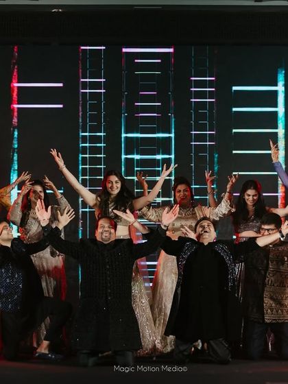 You know it was a banger sangeet when the finale looks like this, complete with CO2 jets and the entire group on stage.