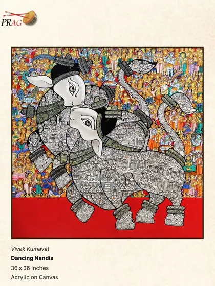 'Dancing Nandis' by Vivek Kumavat, where the sacred bulls are filled with miniature narratives from mythology, creating a story within a story.