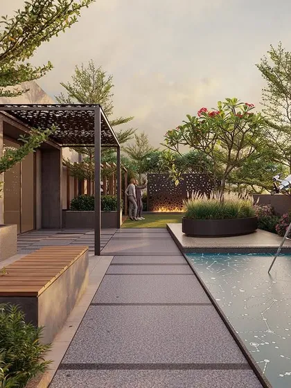 This rooftop terrace for "Pixelscapes" is designed for evening enjoyment, with a fire pit, subtle water feature lighting, and perimeter planting creating a cozy, resort-like feel.