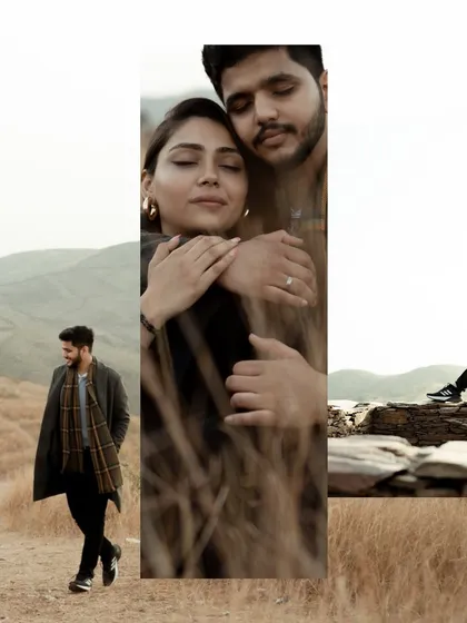 A triptych of images from a hillside shoot. The vertical composition emphasizes the different textures of the landscape and the couple's stylish poses.