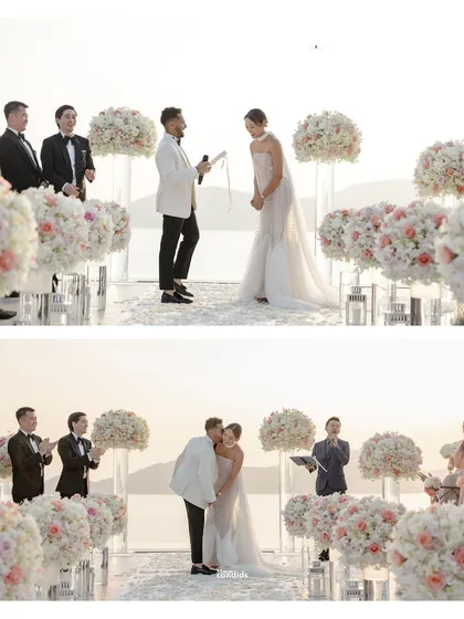 A two-part story of the vow exchange, from the groom's heartfelt speech to their first kiss as husband and wife, surrounded by applauding family and friends.