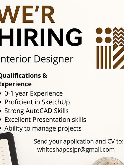 White Shapes in Jaipur is hiring an Interior Designer with 0-1 year of experience, requiring proficiency in SketchUp and strong AutoCAD skills.