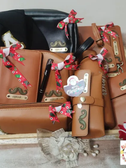 A look at a fully loaded Christmas hamper we created for actor Abrar Qazi. This set features 13 distinct, personalized leatherette items, including a wallet, passport cover, and travel pouches, all customized with his name and a signature charm.