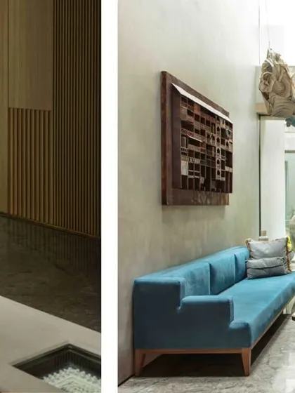 A collage view of the ground floor family lounge at the Bammi Residence. The space combines a comfortable seating area with concealed doors and a hanging Shibori and origami light installation.