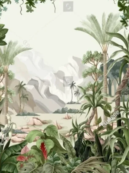 A Shutterstock preview of a tropical landscape. I can source and print any high-resolution image like this to create your perfect custom jungle or nature mural.