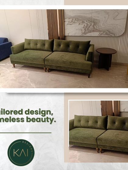 A complete view of the olive green tufted sofa, showcasing its tailored design and timeless beauty. This piece is a perfect example of how we blend classic techniques with contemporary style.