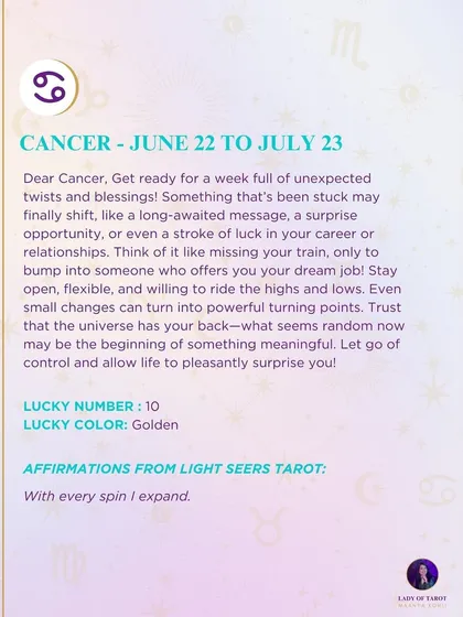 A weekly tarot forecast for Cancer. Get ready for a week full of unexpected twists and blessings. Stay open, flexible, and willing to ride the highs and lows. Trust that the universe has your back.