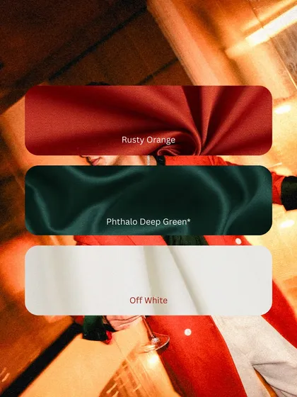 The color palette behind the look. We work with clients to select the perfect combination of shades, like this Rusty Orange, Phthalo Deep Green, and Off-White.