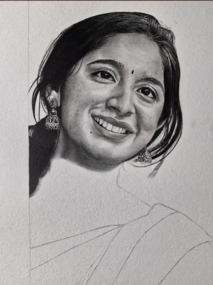 A work-in-progress shot of a portrait. You can see how I build up the dark, rich tones of the hair and eyes layer by layer.