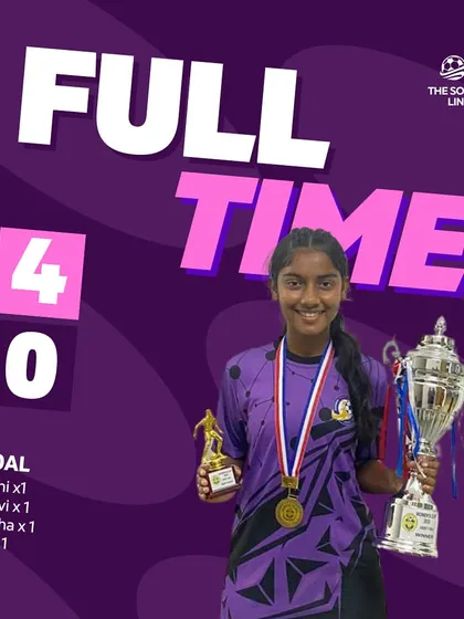 A 4-0 full-time score for our U17 girls, celebrating with the trophy.