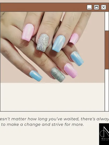 "It doesn't matter how long you've waited, there's always time to make a change." This pastel pink, blue, and silver glitter set is a beautiful new look to try.