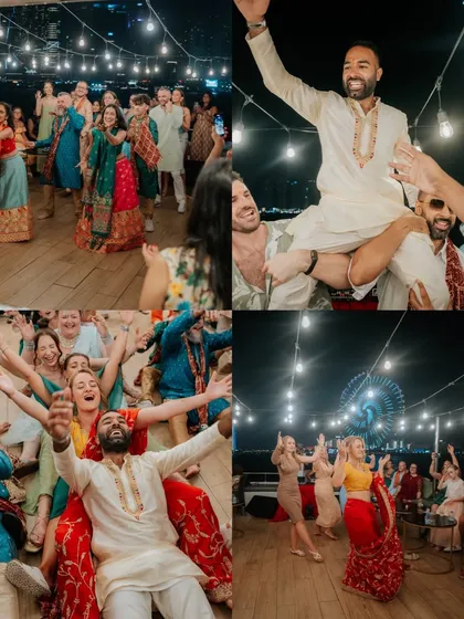 Weddings are also about having the time of your life. This collage captures the incredible energy of a pre-wedding yacht party in Dubai, with the city's iconic skyline as the backdrop.
