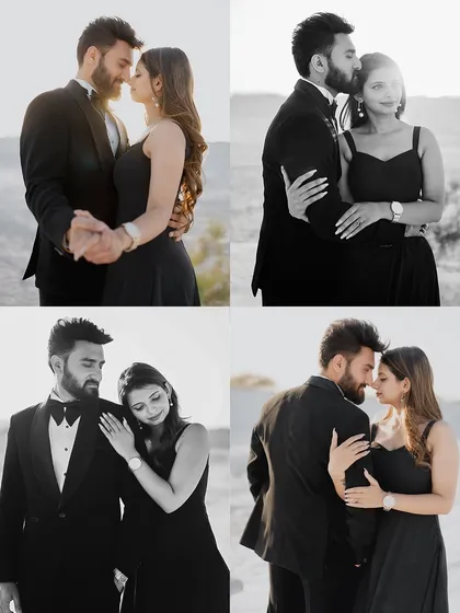 A quad-collage of black and white portraits, emphasizing the raw emotion and connection between the couple in a dramatic landscape.