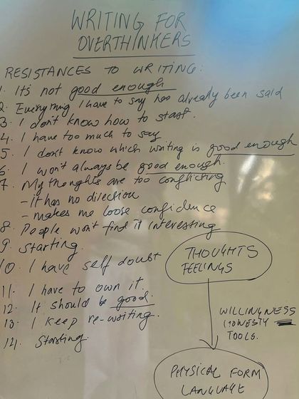 A snapshot from our workshop whiteboard, outlining the common mental barriers to writing that we work to overcome together as a group.