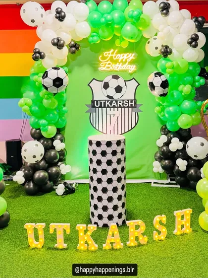 This one was extra special, planned for my own son, Utkarsh. We went all out with a football-themed party, complete with a custom backdrop, a cake pedestal that looks like a football, and marquee letters spelling out his name. Seeing his joy was everything.