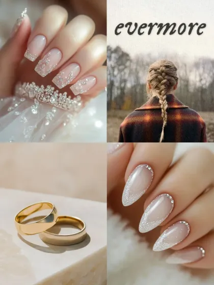 A tribute to the 'Evermore' era. This moodboard combines dreamy, glittery nude nails with the soft, rustic vibe of the album, perfect for a romantic and timeless wedding look.