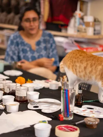 Our resident cat, Julie, often makes an appearance during workshops to inspect the creative process. She is a beloved part of the Kānike family and embodies the warm, homely vibe of our studio.