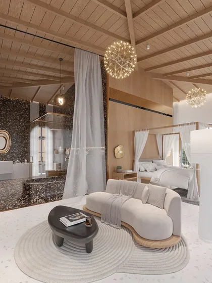 I believe a master suite should be a sanctuary. In this open-plan design, I blended the bedroom and bathroom, using a dramatic terrazzo finish and a vaulted wood ceiling to create a space that feels both grand and intimate. It is a study in texture, light, and luxurious tranquility.