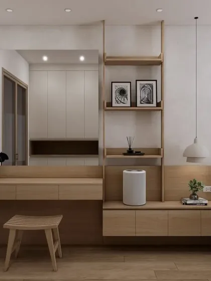 A closer look at the vanity and shelving unit. The open-shelf design is perfect for displaying personal items, while the desk provides a functional workspace.