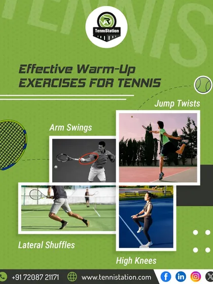 Every ace starts with a good warm-up. This graphic shows four effective exercises: arm swings, lateral shuffles, jump twists, and high knees to get you ready for the court.