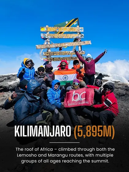 The summit of Kilimanjaro, the roof of Africa. This is a moment of pure triumph for our team, celebrating with the Indian flag after a challenging climb. We guide expeditions to the Seven Summits, making global dreams a reality.