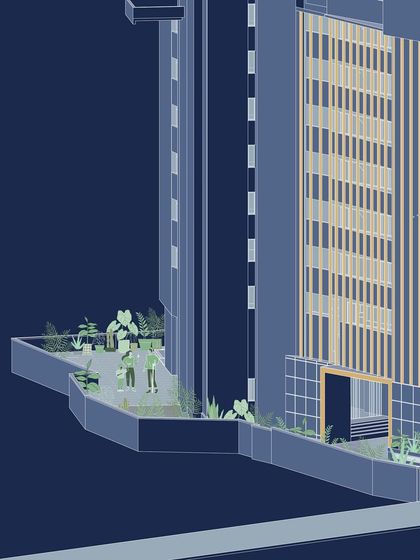 A detail from our fun axonometric drawing, showing illustrated people enjoying the landscaped areas of The Bandra Project.