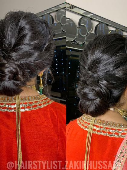 A dual-angle view of the textured fishtail braid updo, highlighting its modern and chic appeal.