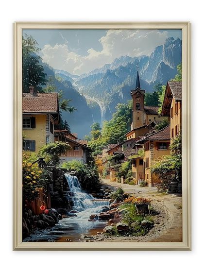 This picturesque mountain village scene is brought to life through a high-quality canvas print. The white HDPS frame was chosen to keep the look clean and bright, ensuring the frame enhances the artwork without competing with it.