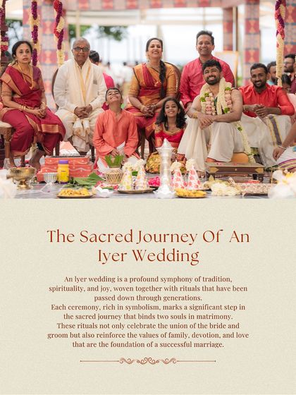 A family gathered for the sacred ceremony. The groom, seated centrally, wears a traditionally draped veshti, signifying his role in the profound rituals of an Iyer wedding.