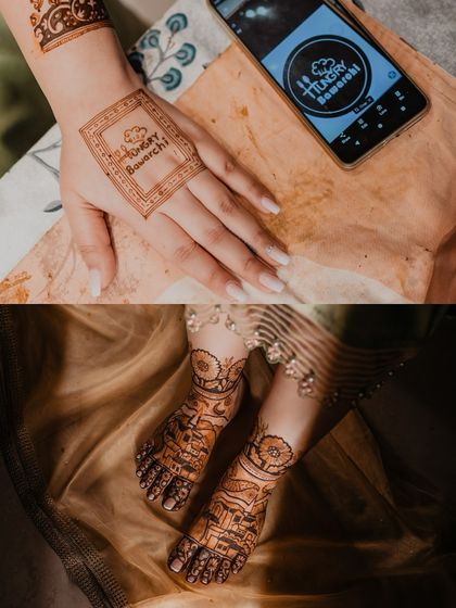 A detail shot of the intricate Mehendi design, including a personalized touch with the groom's company logo, and a beautiful shot of the bride's feet.