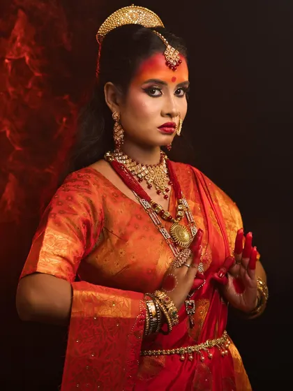 A full portrait of the Maa Katyayani look, capturing the divine and powerful essence of the goddess.